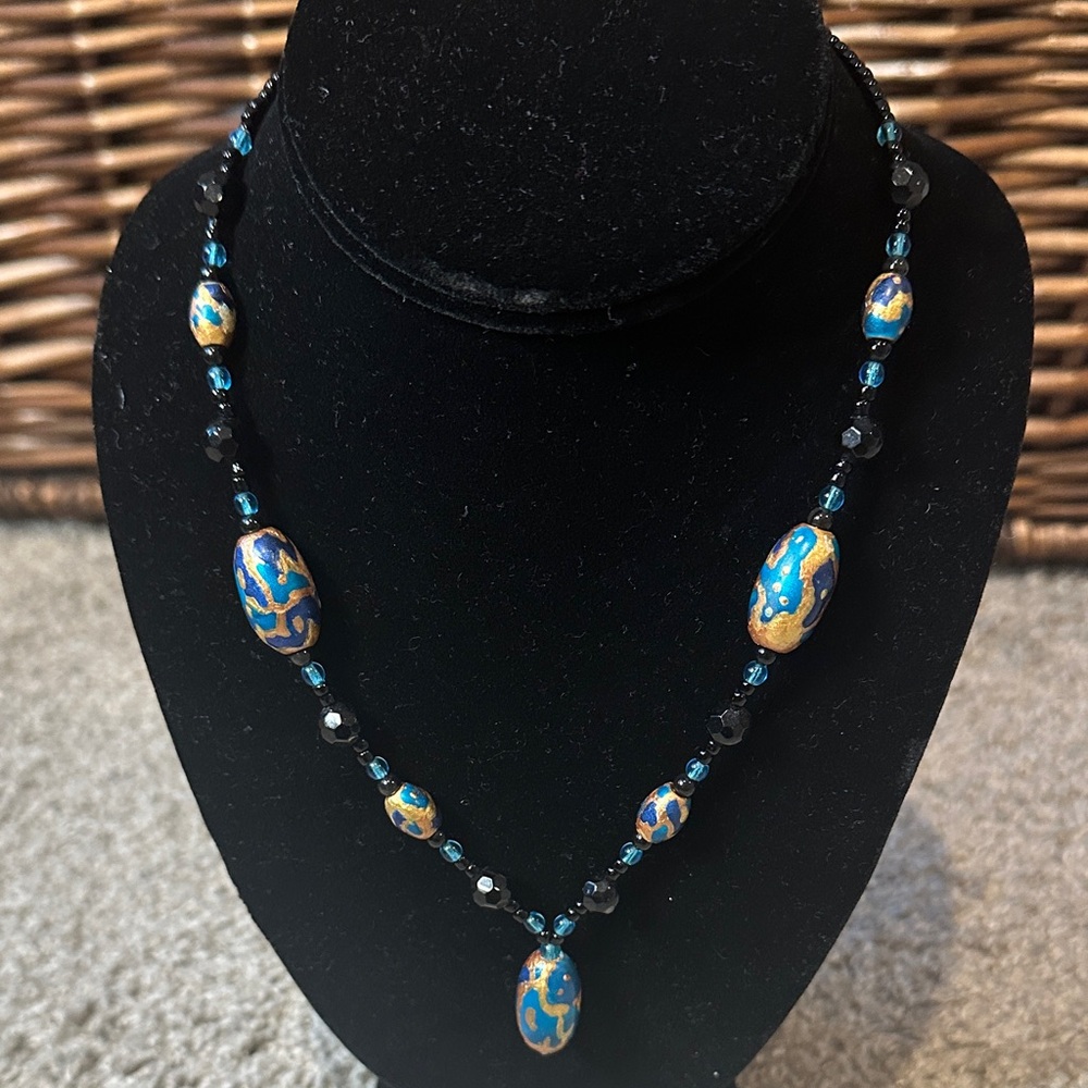 Elegant Blue, Gold and Black Glass Beaded Necklace
